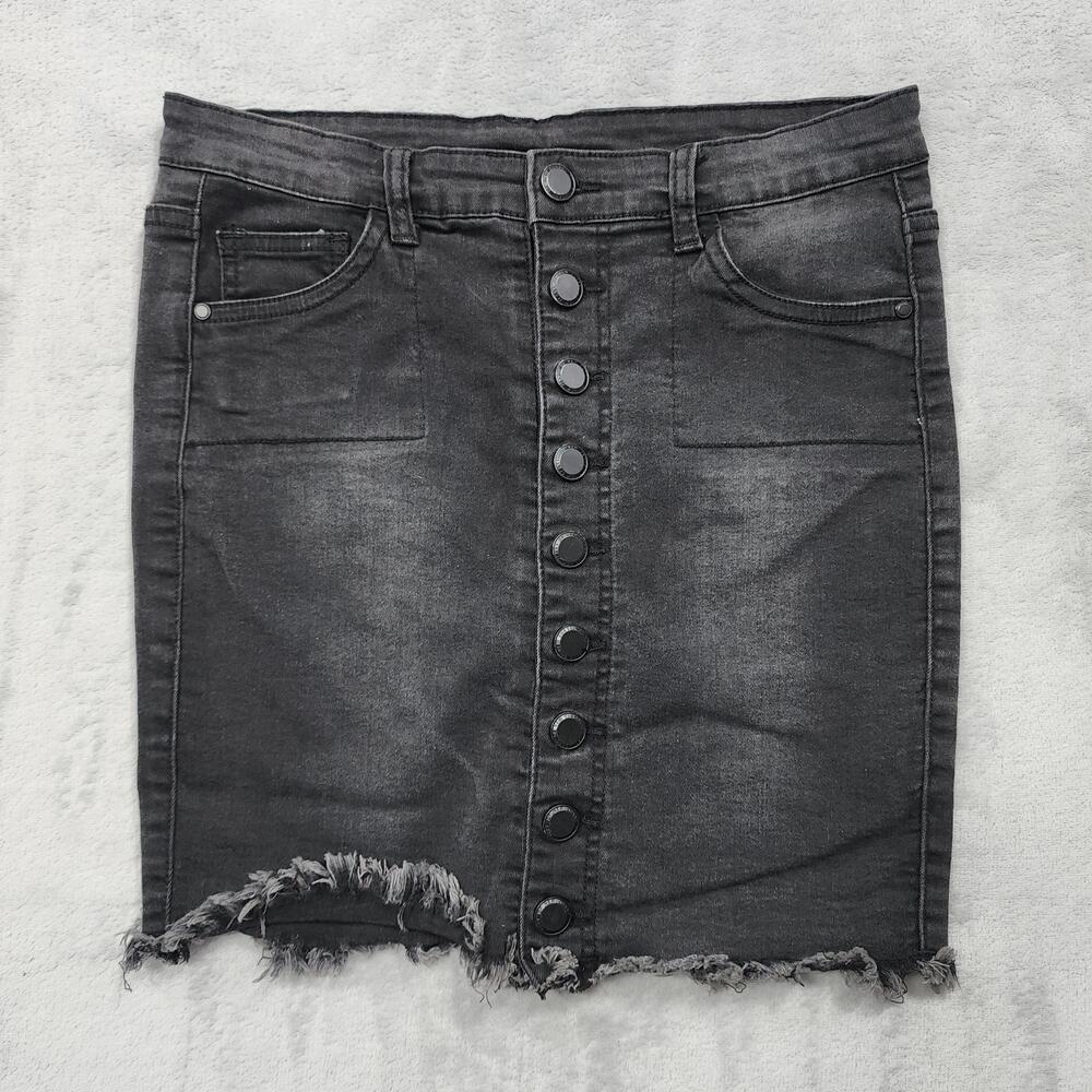 Veracci Skirt Womens M Faded Black Denim Button Front Frayed Hem Mini Stretch